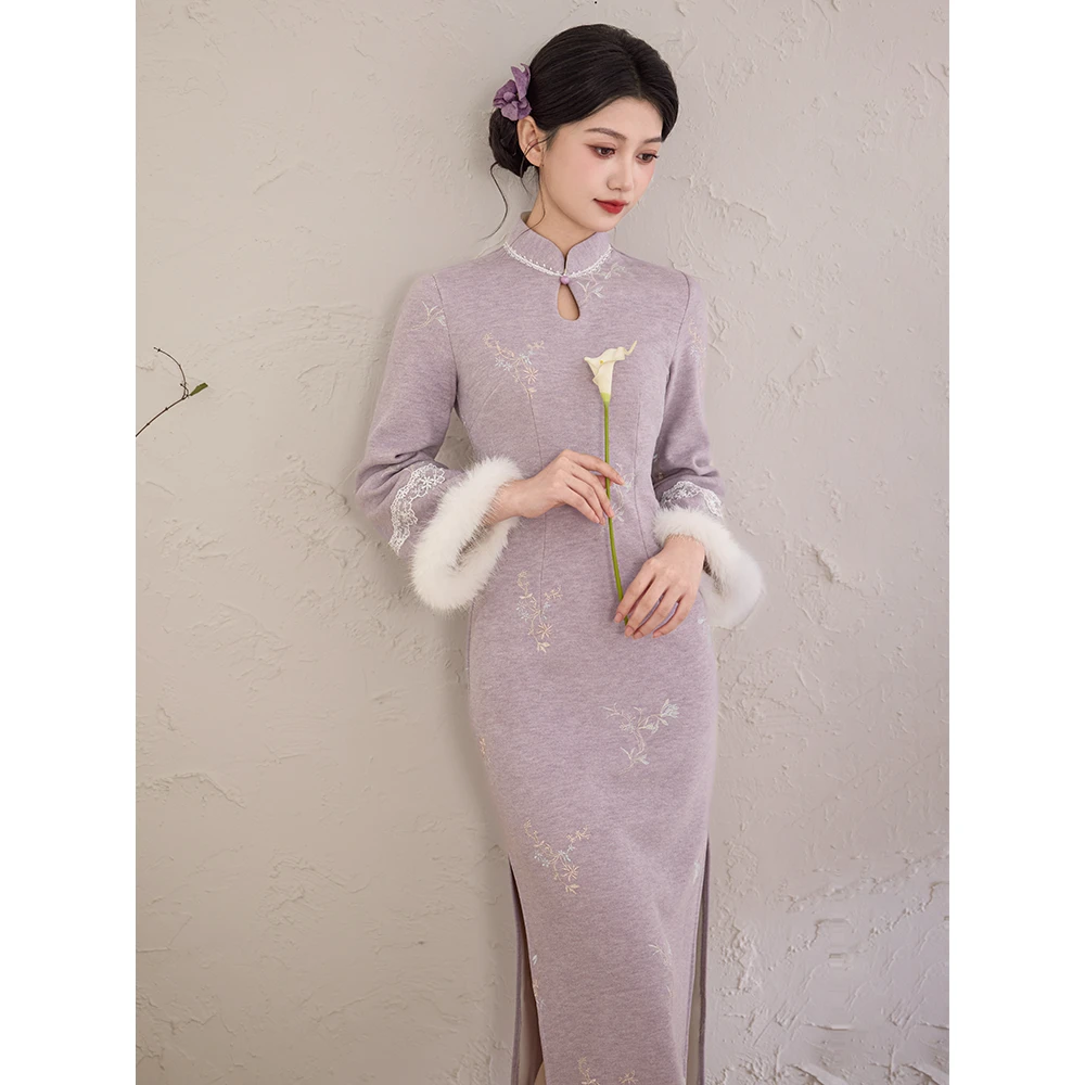 紫色素雅新中式倒大袖旗袍女2025冬季新款加绒保暖淑女日常年轻款