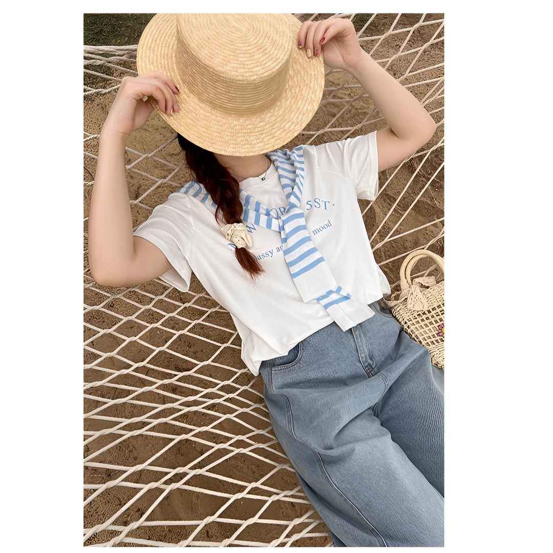 【夏天来了--】 运补-6-可拆卸条纹披肩搭配纯棉字母T恤  0837