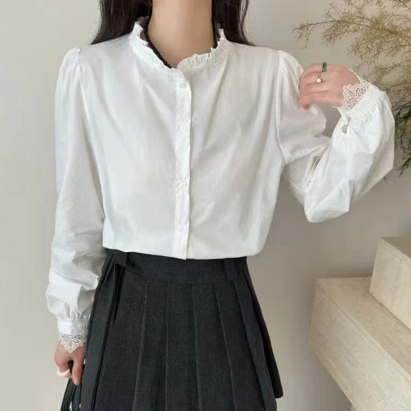 【LANFEIYA】立领纯棉长袖衬衫木耳花边衬衣白上衣 8618