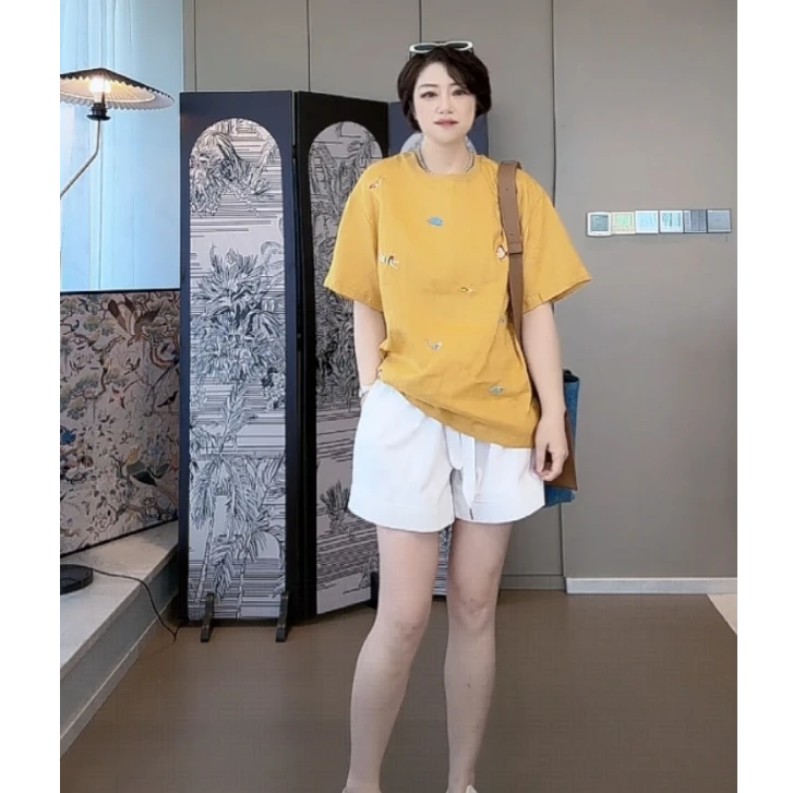 【U】海底世界立体刺绣亚麻圆领短袖减龄透气