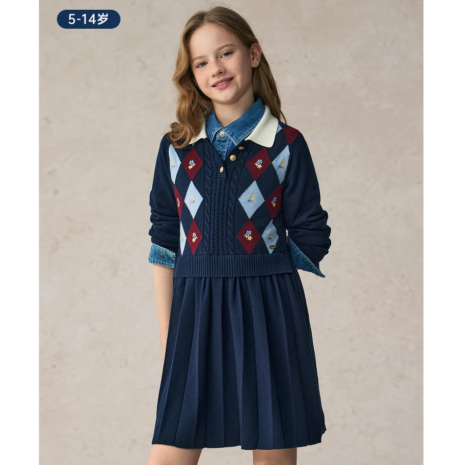 E·LAND KIDS衣恋25年秋新女童针织连衣裙学院风百褶裙EKOKF4921E