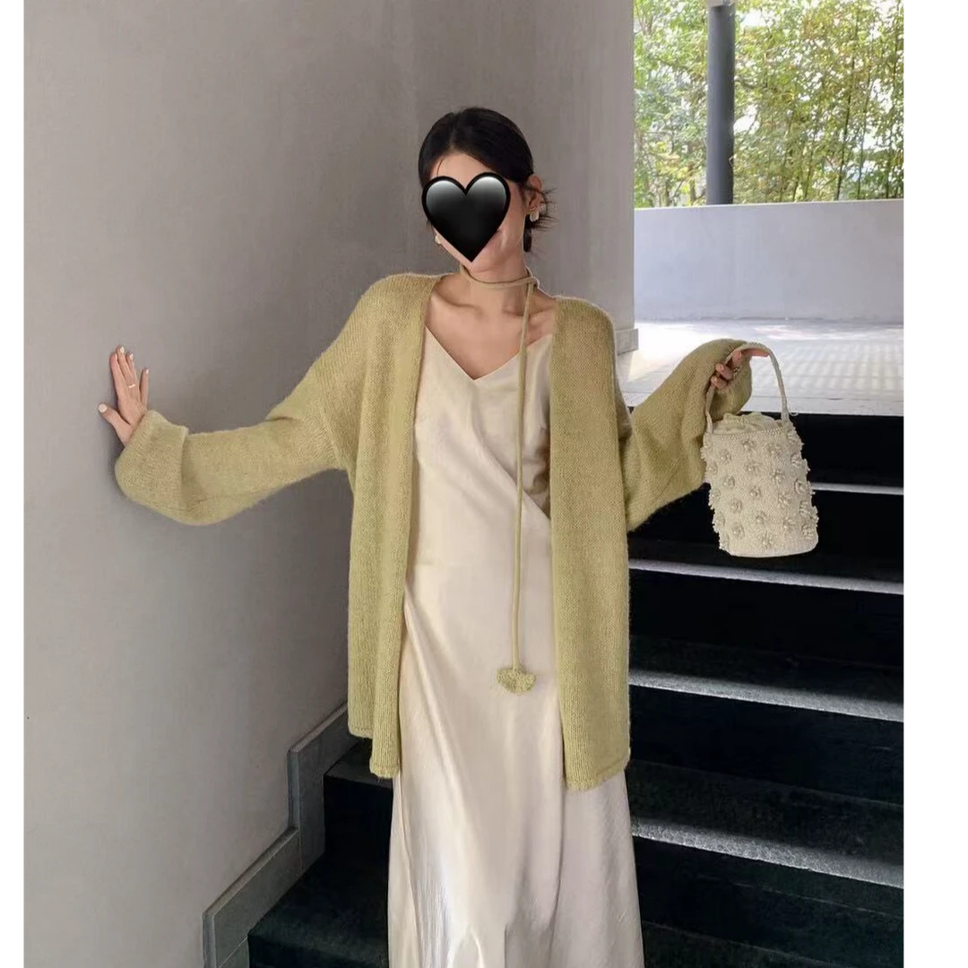 韩系唯美亲肤氛围针织开衫缎面内搭单穿百搭吊带连衣裙