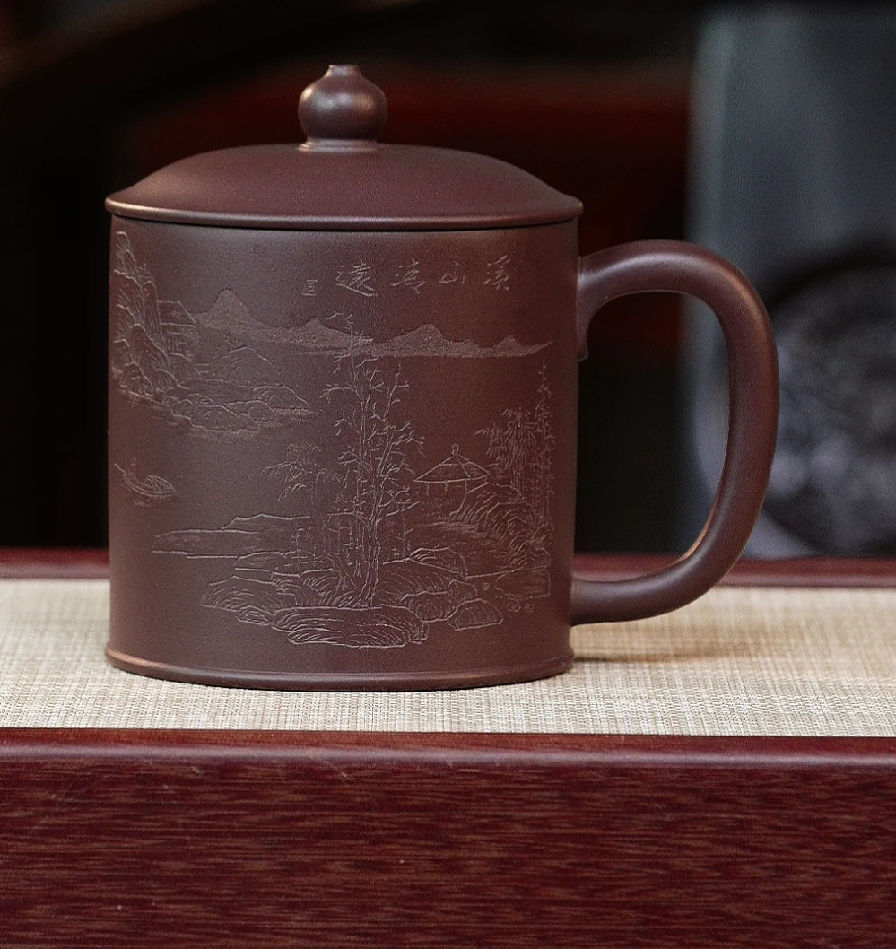 宜兴紫砂杯手工茶杯盖杯刻绘茶具礼品紫茄泥山不让尘