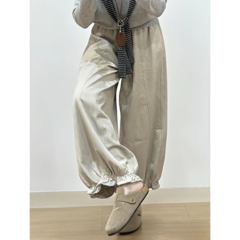 慵懒风卡其色九分花苞裤女秋大码胖mm梨形身材宽松显瘦工装休闲裤