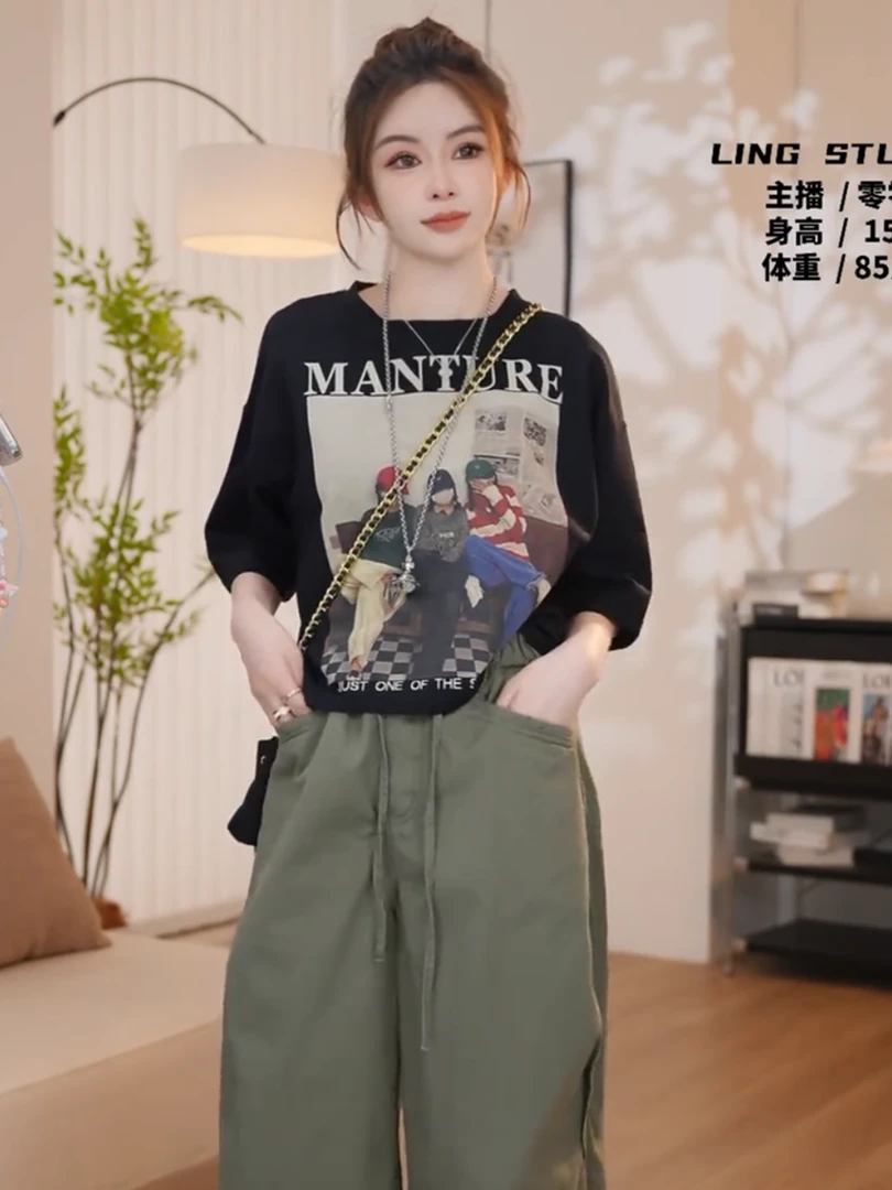 美式减龄卡通人像印花字母短袖T恤女夏新款宽松蕾丝露背半袖上衣