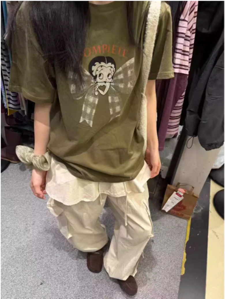 喜家外贸-秋冬新款卡通蝴蝶结图案圆领短袖T恤女简约休闲风16587