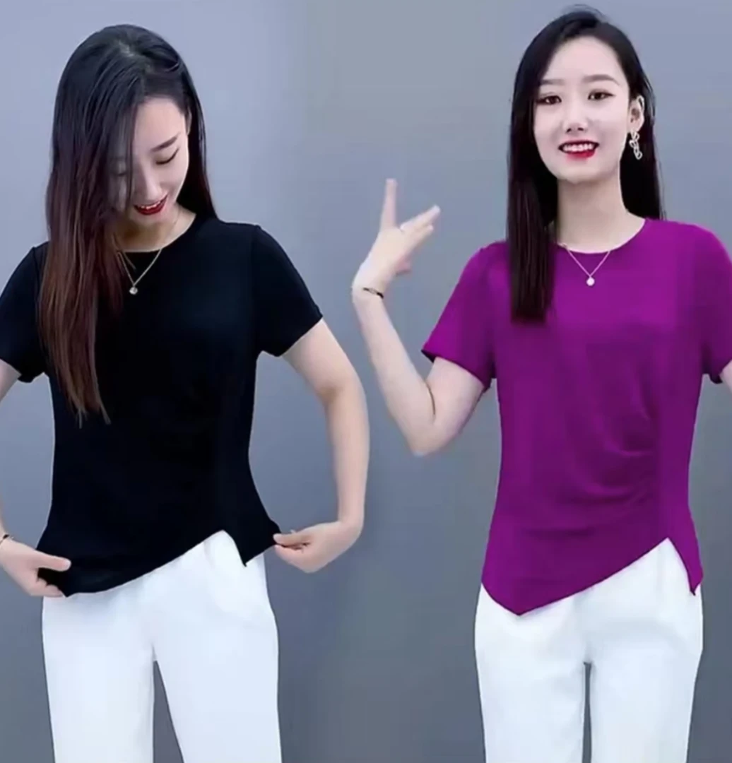 圆领短袖不规则修身T恤女百搭设计感洋气显瘦上衣纯色气质夏季