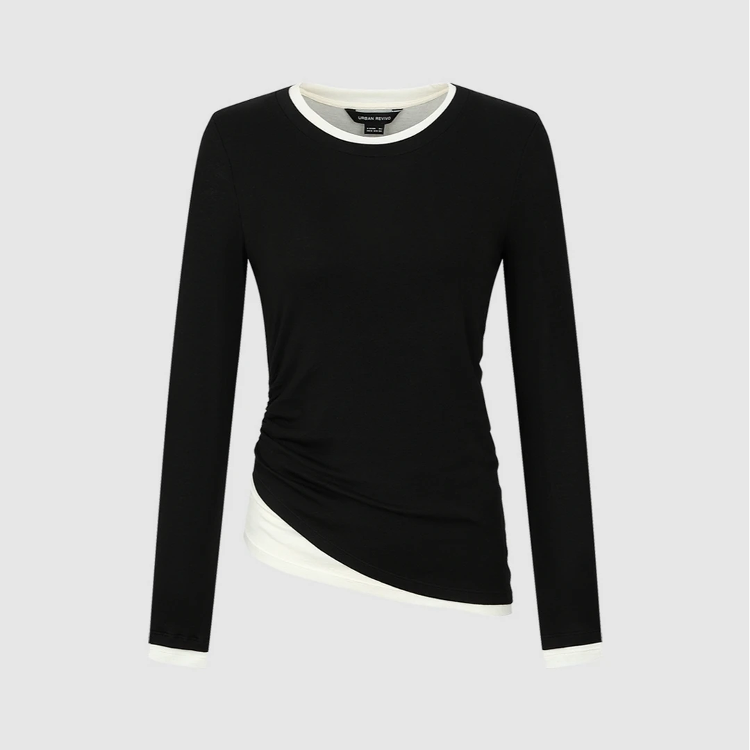 U某R新款女装撞色假两件设计感褶皱长袖T恤显瘦不对称剪标上衣