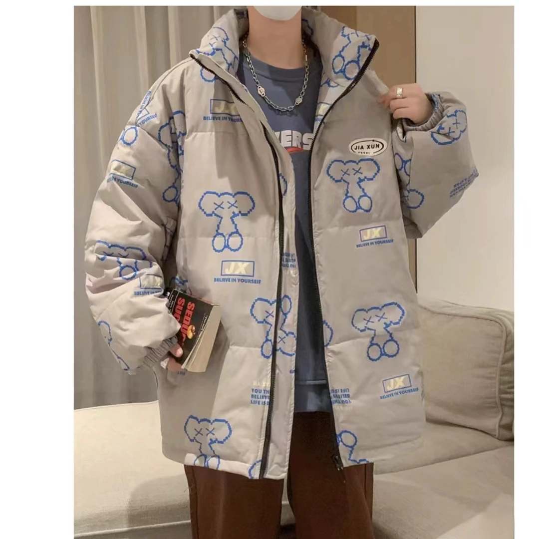 男女同款潮牌冬季潮流小熊满印花立领宽松羽绒服4809