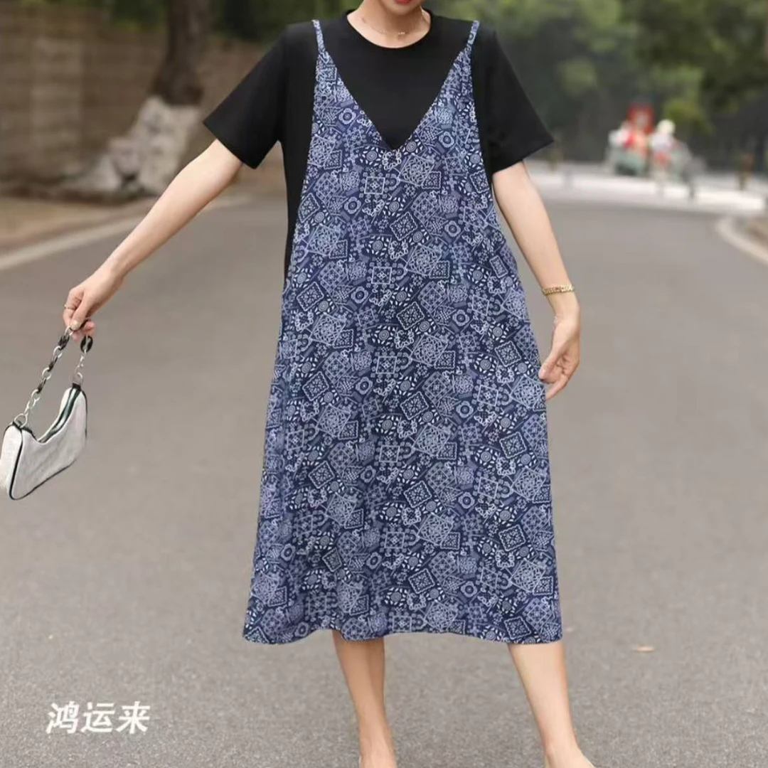 棉绸假两件连衣裙2583
