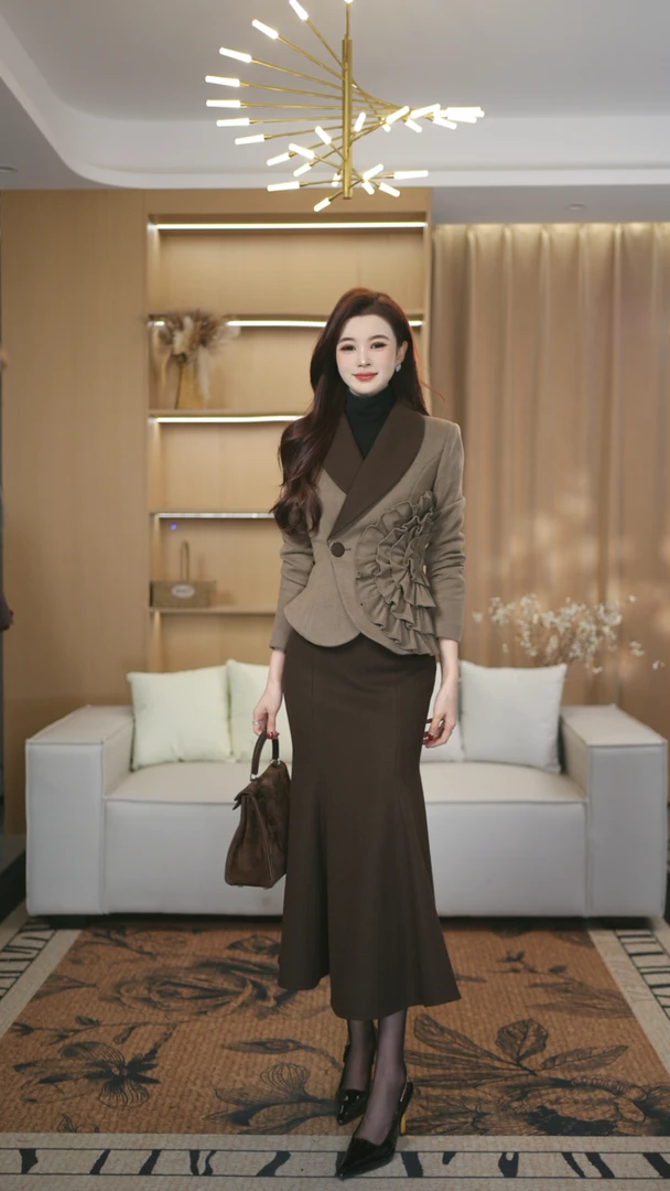 罗曼定制 高定原创咖色长袖厚款上衣+鱼尾半身裙套装女