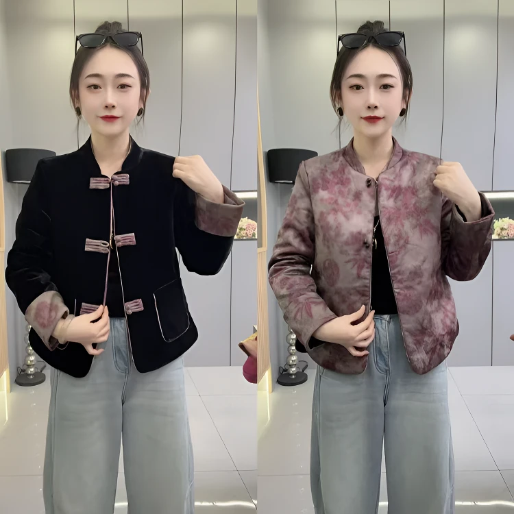 洋➕859冬季新款新中式国风立领盘扣提花显瘦(双面穿)加棉女外套