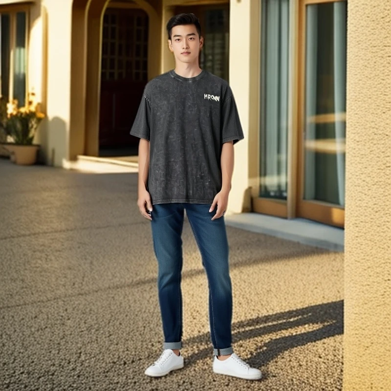 刷漆洗水做旧短袖T恤oversize美式复古印花宽松体恤上衣