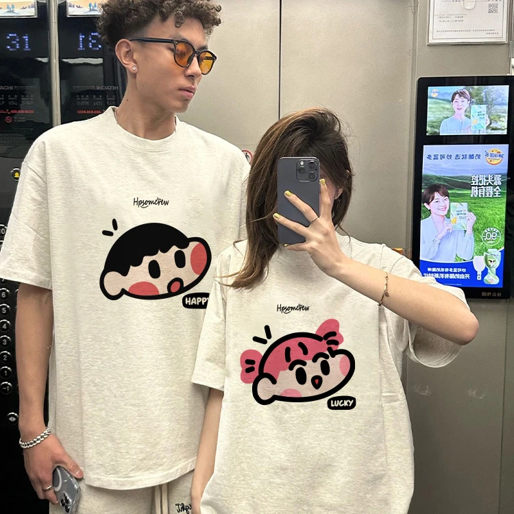 2025夏季爆款卡通小新妮妮白灰情侣T恤宽松百搭小众纯棉圆领上衣