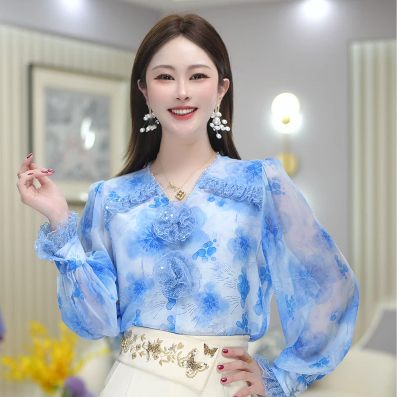 【东海公主】春季新款时尚V领碎花长袖衬衫洋气百搭衬衣 DY5538