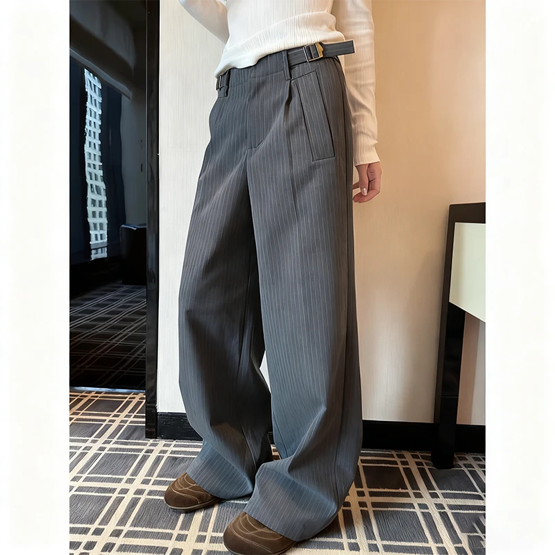2025秋季新款时尚百搭竖条纹宽松休闲裤低腰显瘦西装裤直筒阔腿裤