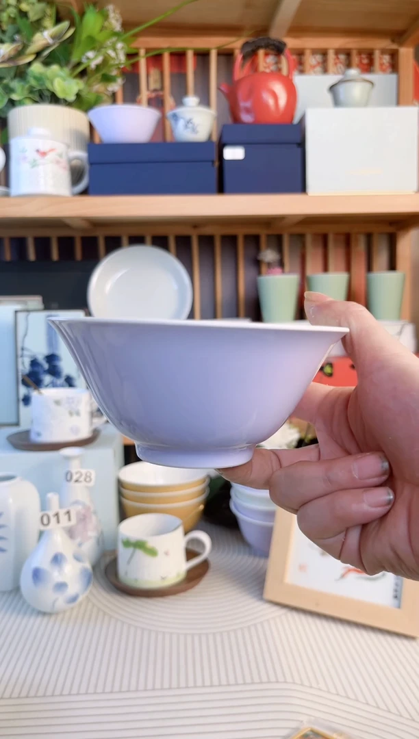 瓷片手工梦幻紫4.5英寸高温白瓷官窑米饭碗