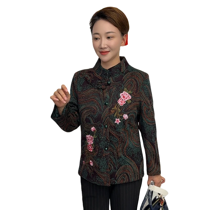 老年人外套春秋款女小个子奶奶衣服老太太唐装绣花夹克花鸟复古