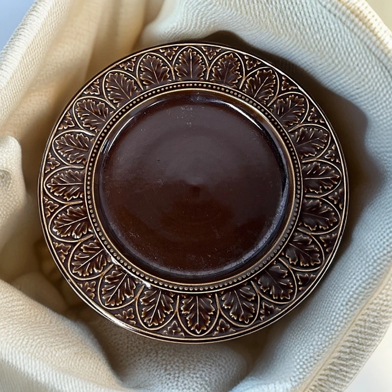 【2个】雕花创意欧式轻奢法式餐盘盘平盘美式复古风咖色微瑕辣209