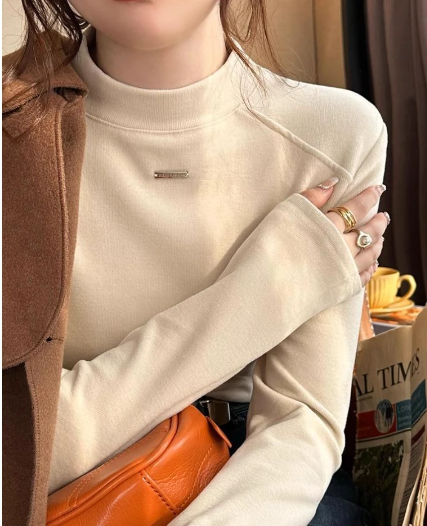 2025冬季时尚打底衫女半高领纯色百搭显瘦上衣女款长袖t恤
