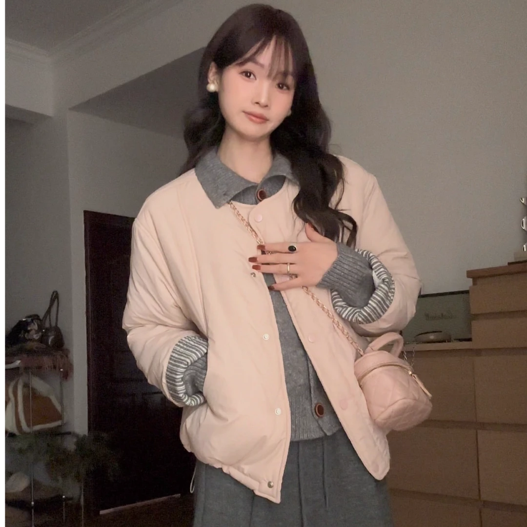 2024冬季新款韩版宽松百搭圆领棉服外套韩系穿搭加厚保暖棉衣