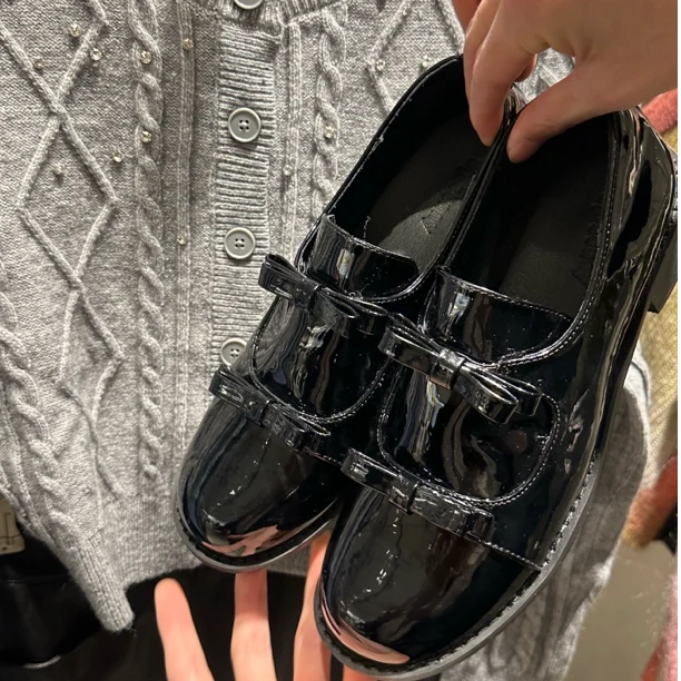 牛皮版~蝴蝶结乐福鞋女复古学院风一脚蹬玛丽珍鞋粗跟小皮鞋