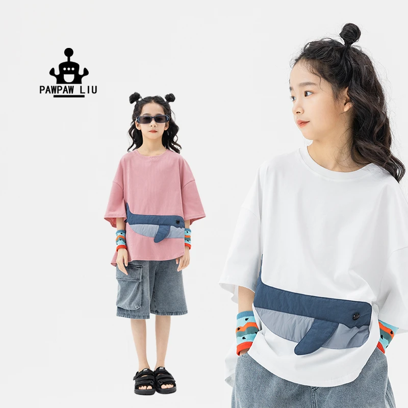 pawpaw liu原创设计男童短袖T恤2025夏装新品女童可爱鲸鱼上衣潮
