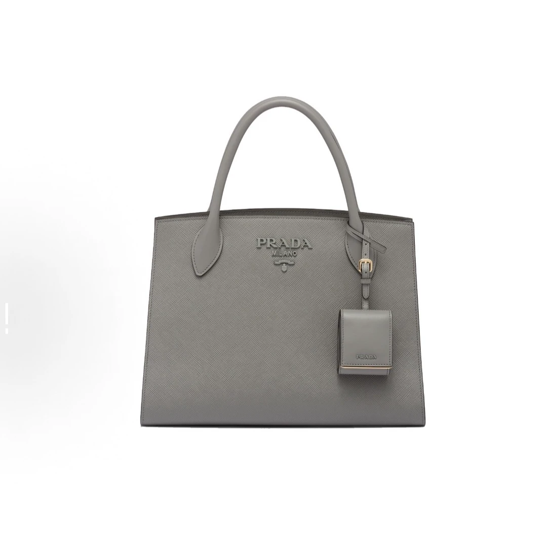 99新 Prada/普拉达 PRADA涂漆Tote包单肩斜挎手提包中号女款灰色