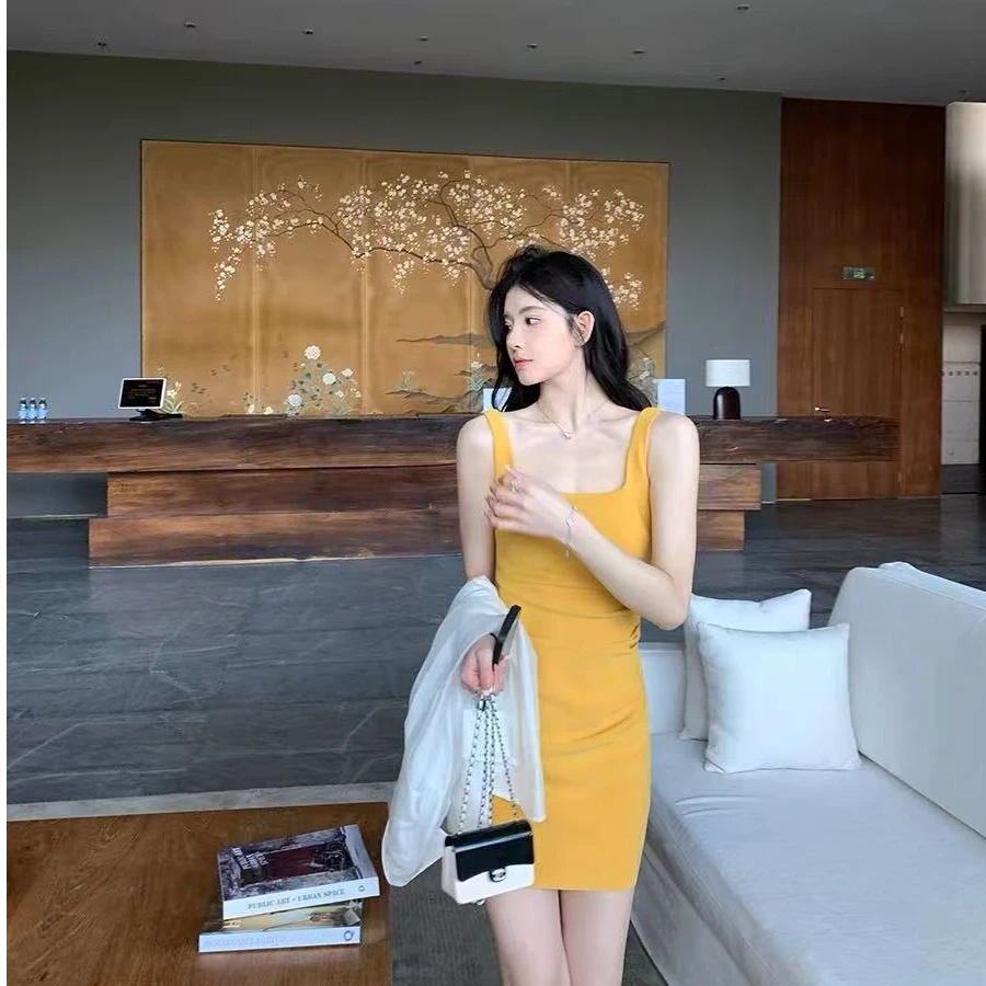 【LL】方领褶皱收腰吊带连衣裙性感包臀裙女春夏季裙子013