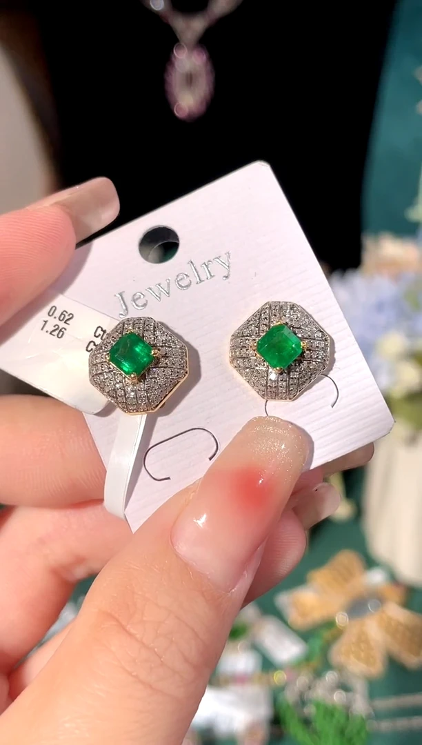 耳饰银S925镶嵌祖母绿耳饰
