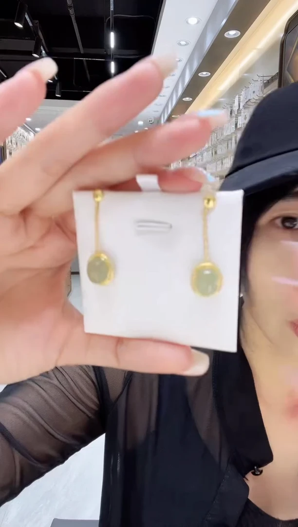 银S925镀金镶嵌和田玉耳饰@@