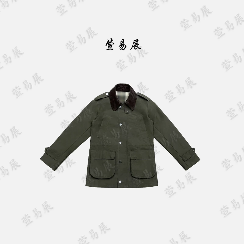 萱易展-“英黎圣歌”油蜡工装格纹撞色翻领抽绳收腰风衣-WT092804