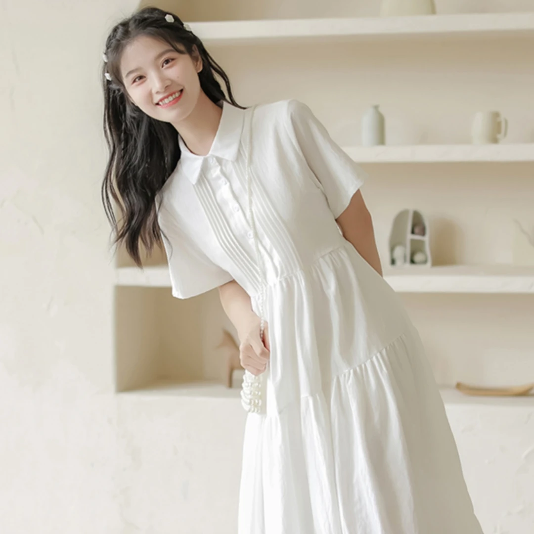 初中学生polo领衬衫裙2025新款少女生夏季设计感学院风白色连衣裙