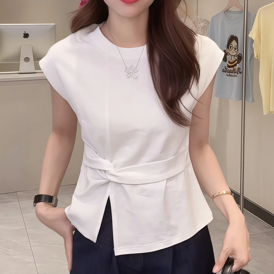 设计感圆领t恤女2025夏季新款扭结开叉显瘦时尚气质设计感上衣潮