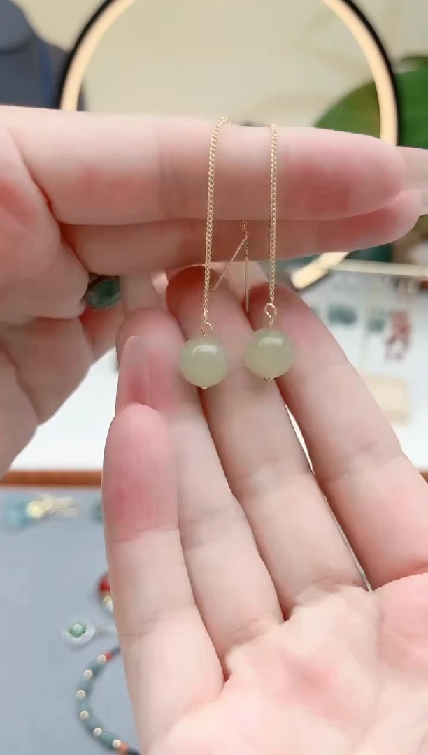 东陵石银S925镶嵌耳饰0耳线青色