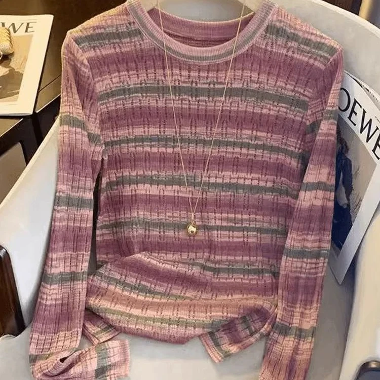 静姐定制2025撞色条纹软糯镂空上衣温柔风针织衫显瘦百搭9910