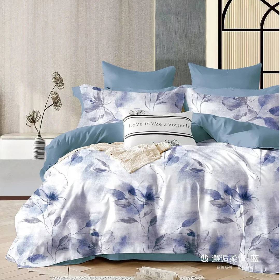 高支密全棉数码印花四件套-邂逅柔情蓝