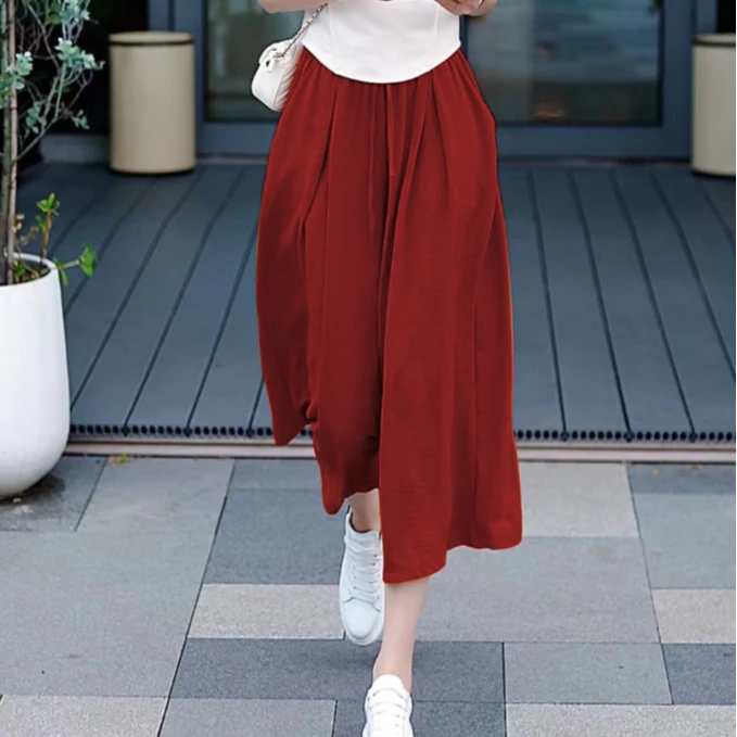 夏季休闲七分裙裤女冰感垂顺纯色大码显瘦高腰百搭薄款透气阔腿裤