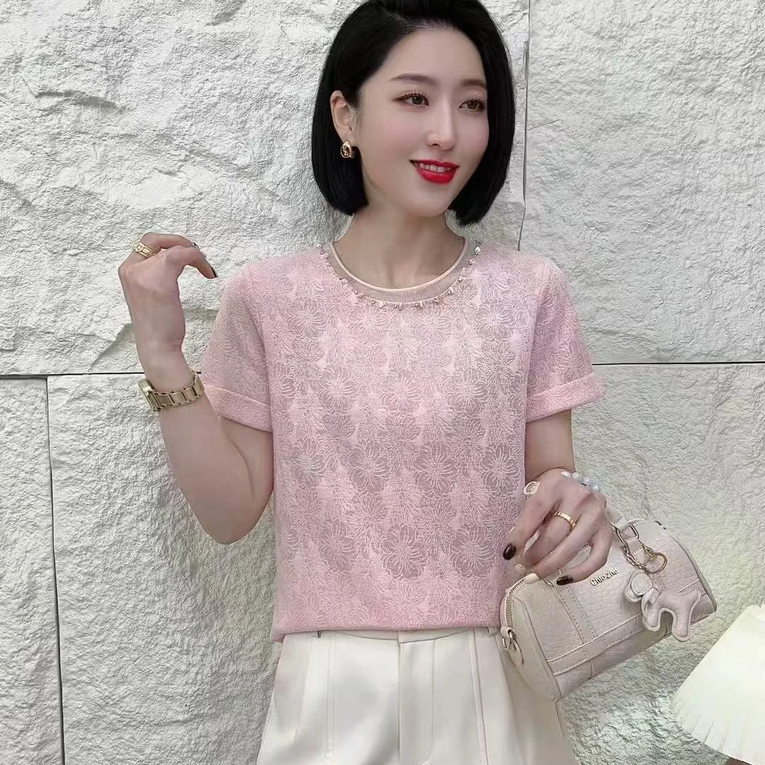 SSJD858（聚水潭）蕾丝学院风常规圆领短袖T恤套头修身宽松女士短袖