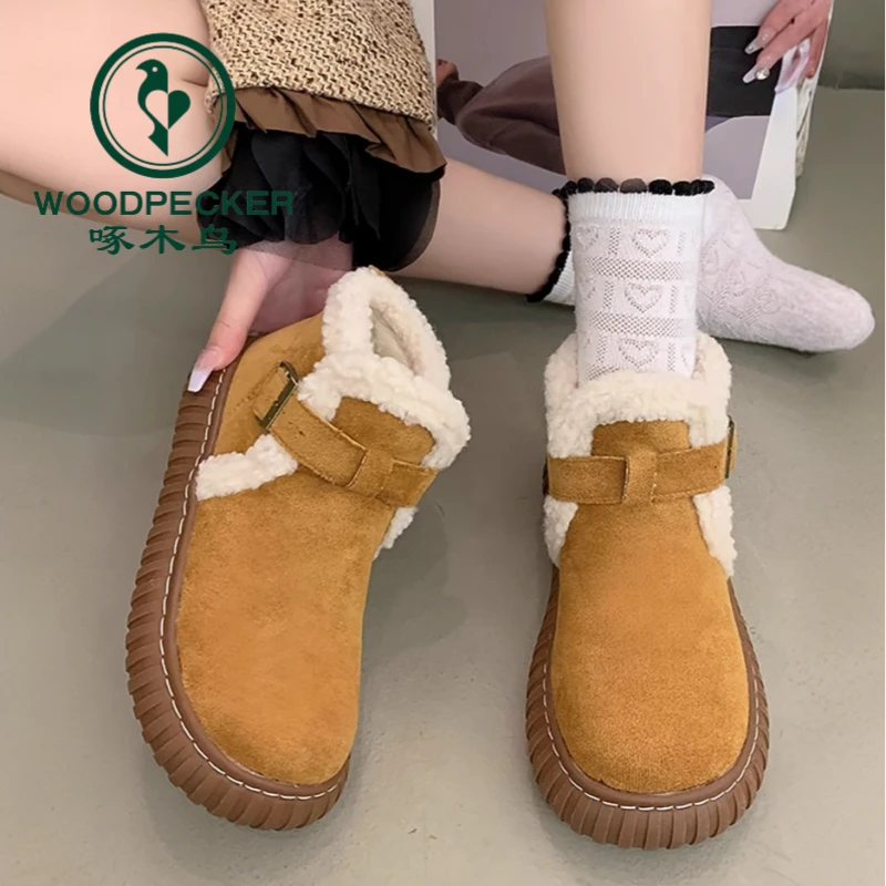 啄木鸟2024秋冬新款毛毛棉鞋复古勃肯厚底外穿短筒防滑时尚雪地靴