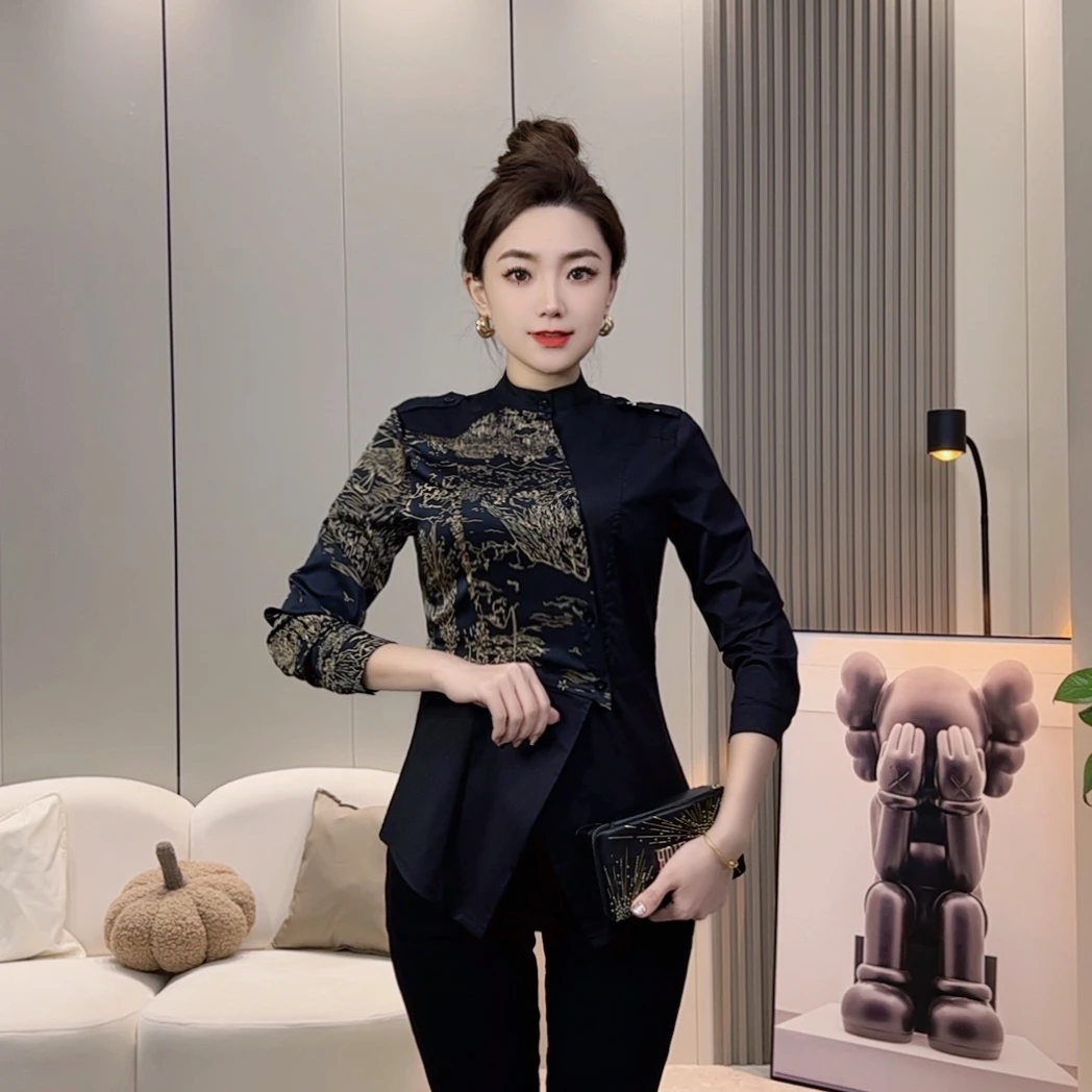 新款【单款】拼色衬衫女欧货时尚拼接醋酸花边长袖打底衫女上衣5172