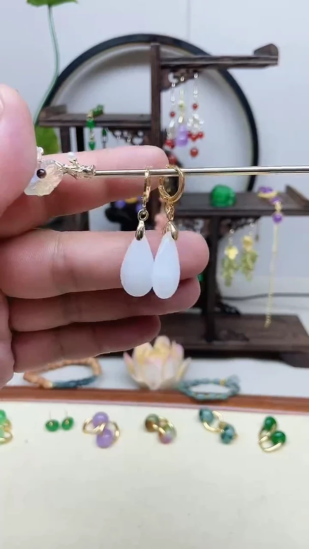 和田玉14K金镶嵌耳饰141号