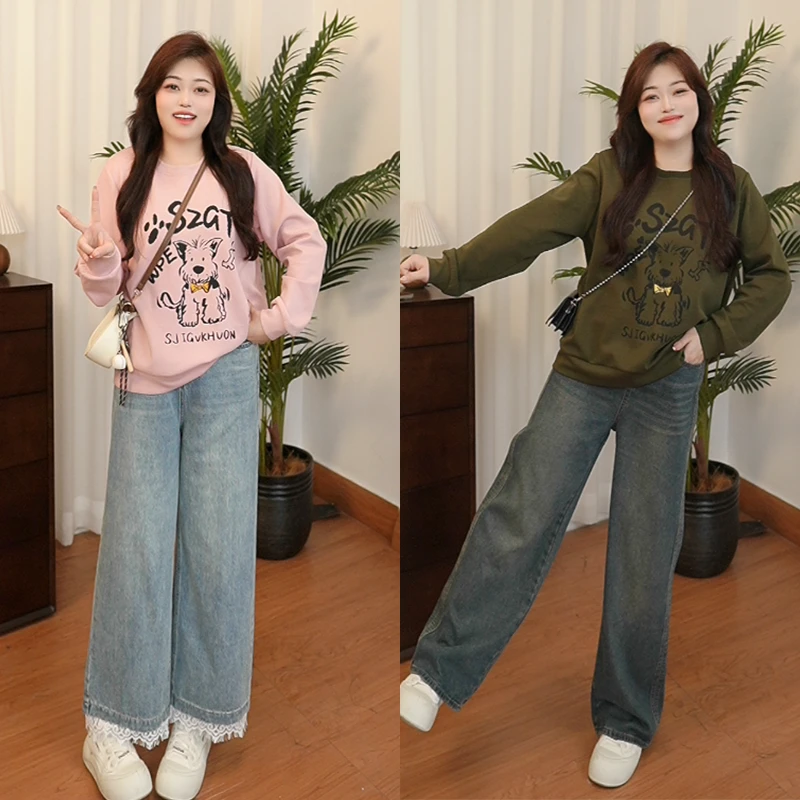 《哆啦》慵懒风圆领不起球狗卡通动漫秋冬大码女装胖mm卫衣 25157