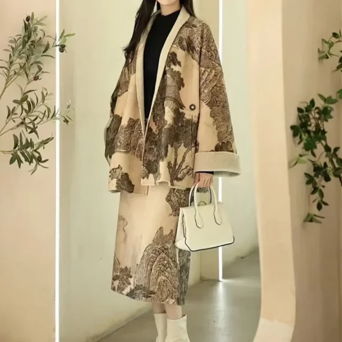 【NMS 诗绣香云莎】女印花大衣毛呢外套中式印花大衣双面外套