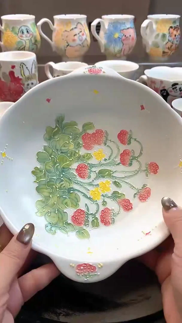 一味*手绘*草莓满天星双耳盘