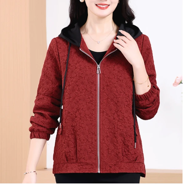 春季新款休闲提花连帽外套中老年妈妈装洋气减龄短款夹克衫外衣