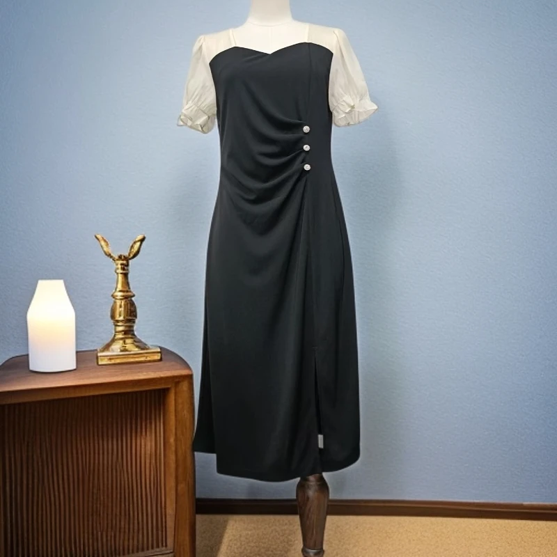 夏季拼接褶皱收腰显瘦开叉连衣裙F083