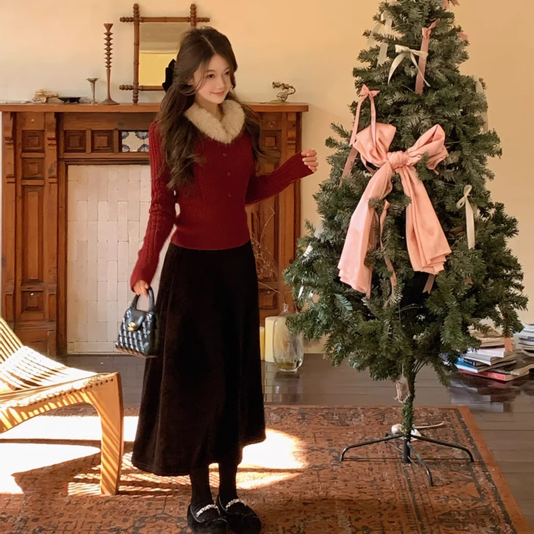 Huangzuozuo佐佐家小个子高腰A字丝绒半身裙冬季女显瘦长款裙子