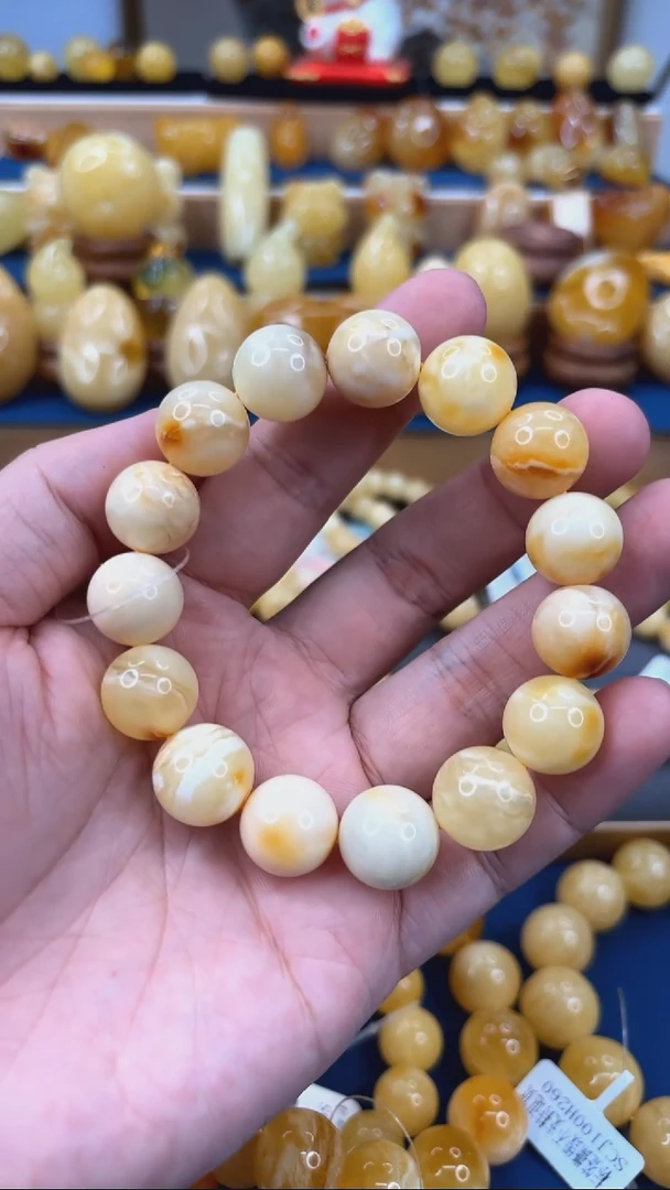 手串琥珀未镶嵌p43奶豆花蜡单圈 14mm 24.6克