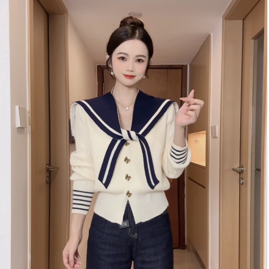 秋冬新款法式小香风纯欲慵懒风毛衣高级设计感海军领休闲针织衫女